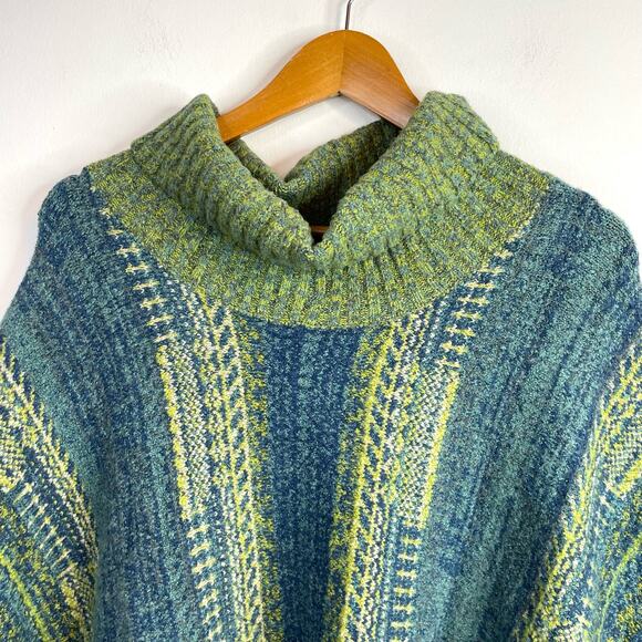 J Jill Cotton Wool Fair Isle Nordic Classic Poncho Sweater Blue Green One Size - Picture 3 of 10